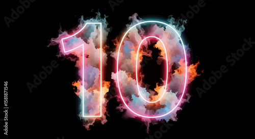 Glowing Number Ten with Colorful Cloud Design on Black