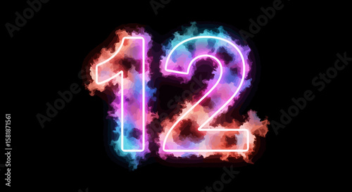 Glowing Number Twelve with Colorful Cloud Effects on Black Background