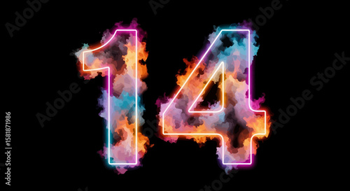 Fourteen Number Glowing with Abstract Smoke Effect on Dark Background