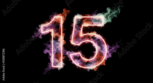 Number Fifteen Glowing with Colorful Smoke on Black Background