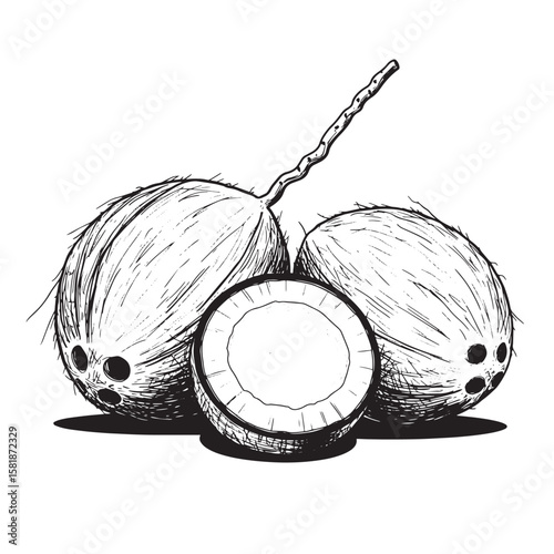 Whole and halved coconuts with stem whole coconut fruit