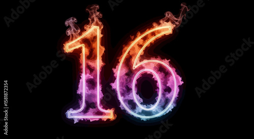 Sixteen Glowing Number with Smoke on Black Background