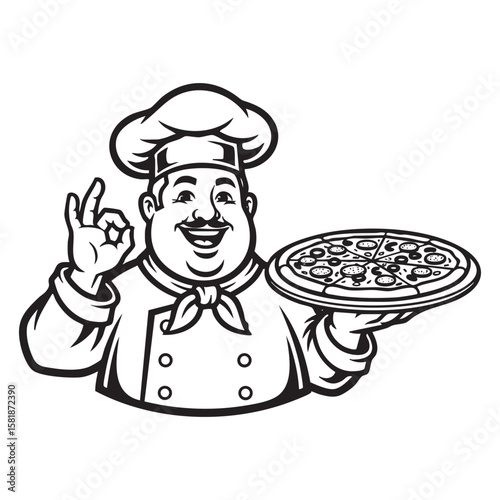 Cheerful Chef with Pizza Mascot Vector Logo

