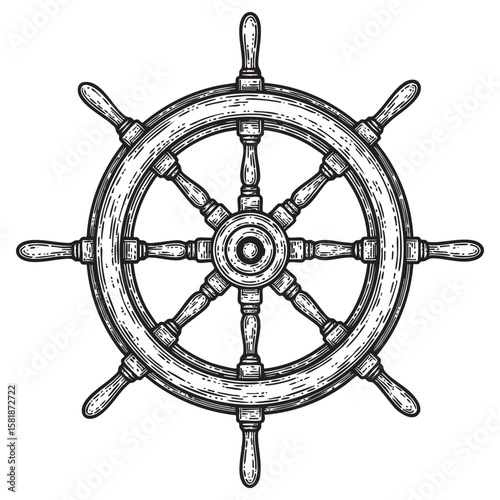 Vintage ship wheel sketch engraving vector illustration