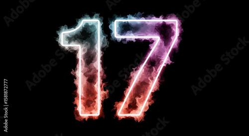 Number Seventeen Glowing with Colorful Smoke on Black Background