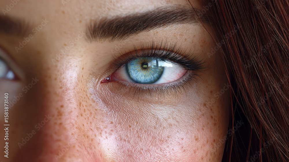 Fototapeta premium Intimate portrait of a striking eye, conveying depth and emotion. The iris reveals a captivating blue hue