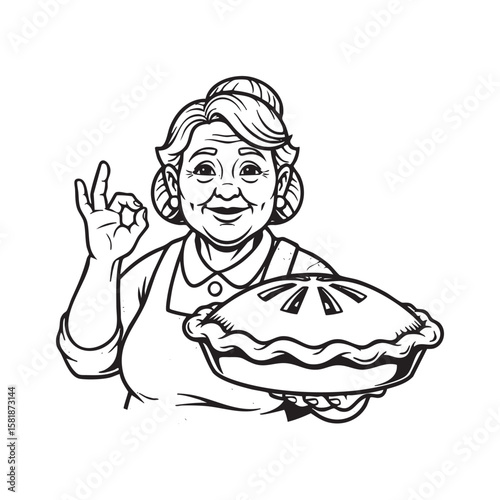eldery Grandmother Holding a Pie Mascot Vector Illustration