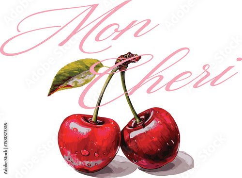 Cherry Cherries bow mon cherie French romantic  Script Slogan Graphic Tee t-shirt logo artwork typography tote badge emblem crest Fashion trendy Europe  euro summer clothing slogan design