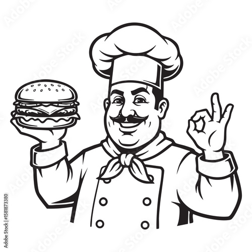 Cheerful Chef with Burger Mascot Vector Logo

