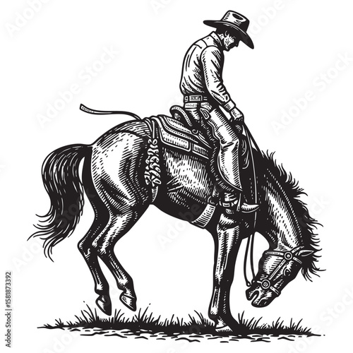 Cowboy Riding a Bucking Bronco Horse Rodeo engraving vector illustration