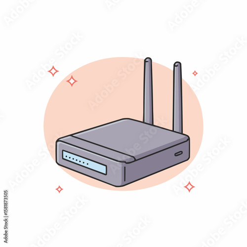 Cartoon illustration of a wifi router with antennas on a pink background