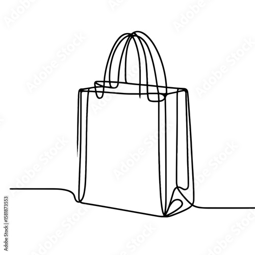 Shopping bag in continuous line style symbolizing eco-friendly travel accessories and shopping
