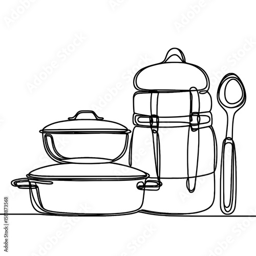 Cooking utensils in continuous line style symbolizing travel kitchen equipment and outdoor dining