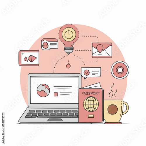 Business travel concept with laptop passport coffee cup and online communication icons