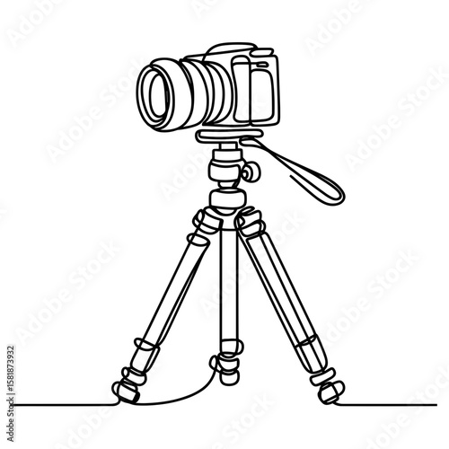 Camera on tripod in continuous line style symbolizing travel photography and adventure documentation