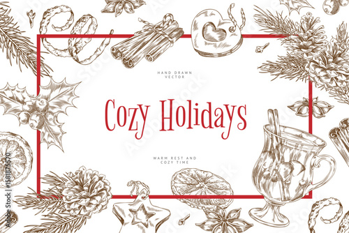 Cozy holidays vector engraved sketch banner design, glass of mulled wine with spices and fruits, hand drawn hot drink