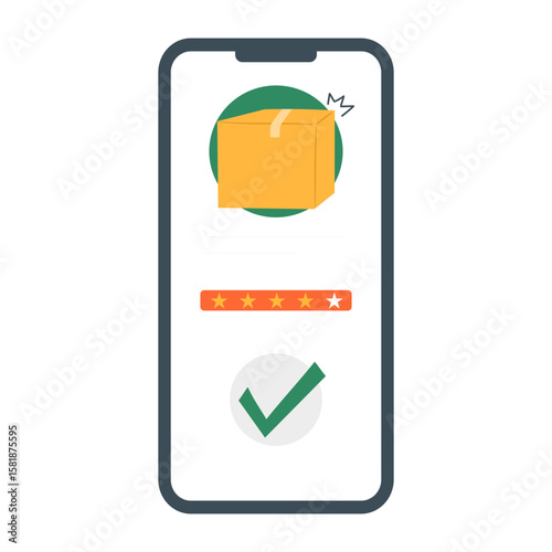 Smartphone E-Commerce with Delivery and Review Stars. Online Shopping on Phone with Parcel and Rating Illustration. Mobile Online Shop with Rating and Package Icon