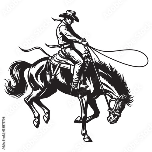 Cowboy Riding a Bucking Bronco Horse Rodeo engraving vector illustration