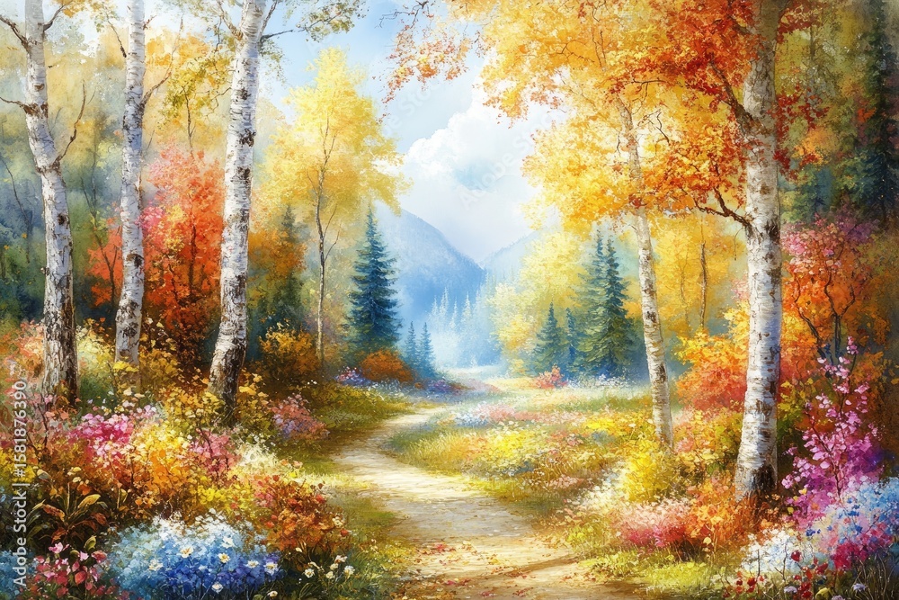 Fototapeta premium Autumnal forest path, vibrant colors (1)