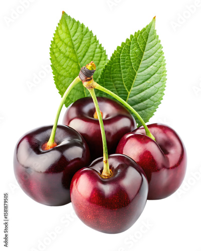 Four dark red cherries with green leaves and stems on a black background cherry fruit