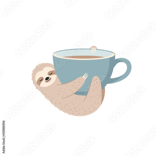 Sleepy Sloth Hugging a Large Coffee Cup with Contentment.