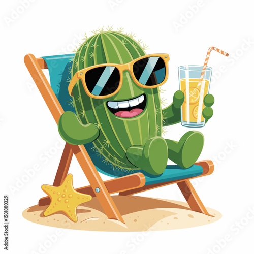 Animated Cactus Relaxing on Beach Chair with Refreshing Drink and Sunglasses.