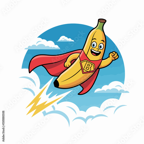 Cartoon Superhero Banana Soaring Through the Sky with a Red Cape.