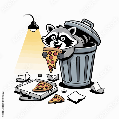 Animated Raccoon Enjoying Pizza Slice Found in Trash Can Under Streetlight.