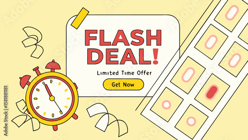 Illustration of a flash deal advertisement with a clock and confetti on a light yellow background design