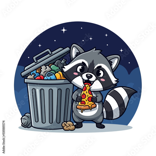 Cartoon Raccoon Enjoying Pizza Slice Near Overflowing Trash Can at Night.