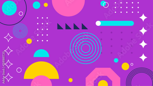 Purple abstract design with colorful shapes, perfect for backgrounds, web design, and digital art projects needing a vibrant touch.
