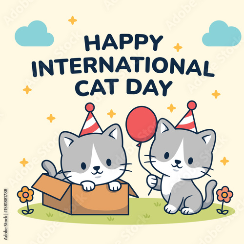 Two cute gray cats, one in a box and the other holding a balloon, celebrate International Cat Day Vector Illustration.