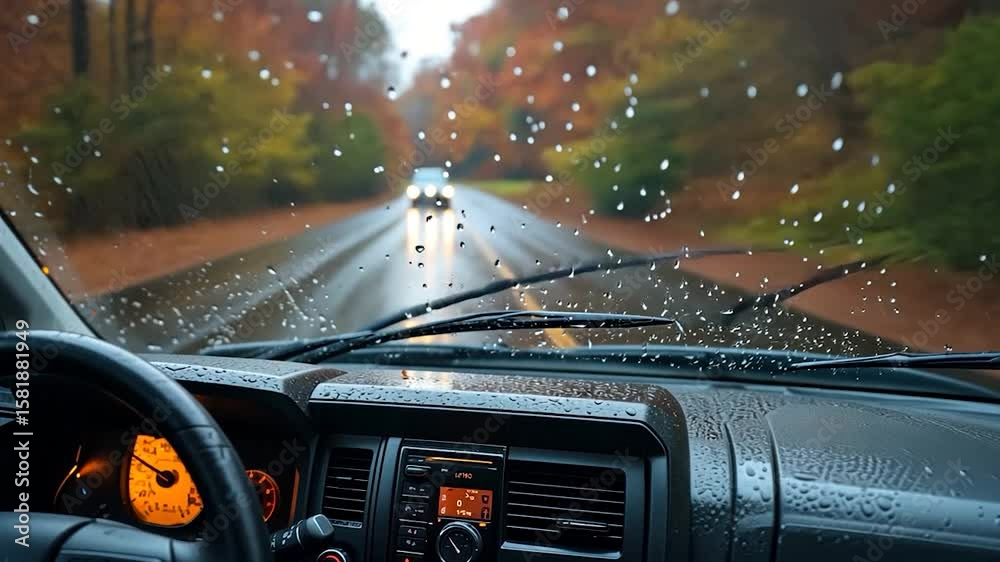 Rainy autumn drive through a forest, seen from the driver's perspective. Raindrops on the windshield, blurred background of vehicles and trees. Dark and moody atmosphere