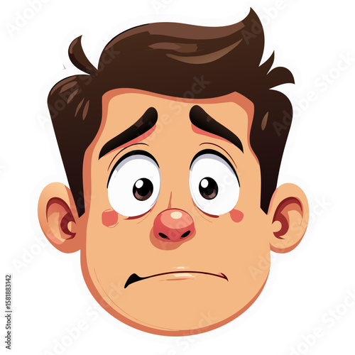Cartoon Boy with Red Eyes and a Worried Expression Facing Forward.