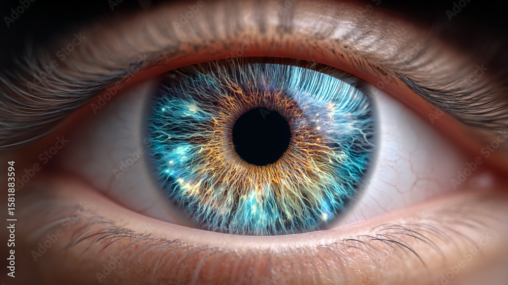 Fototapeta premium A close-up, detailed shot of a striking blue and gold eye, showcasing intricate patterns and the essence of human vision. The eye's iris reveals a captivating blend of colors and textures.
