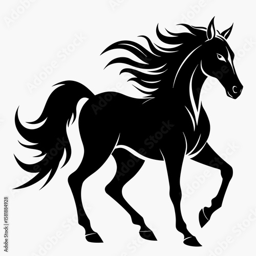 Dynamic silhouette of a galloping horse with a flowing mane isolated on white background