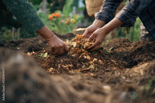 Hands Adding Compost to Dark Brown Soil