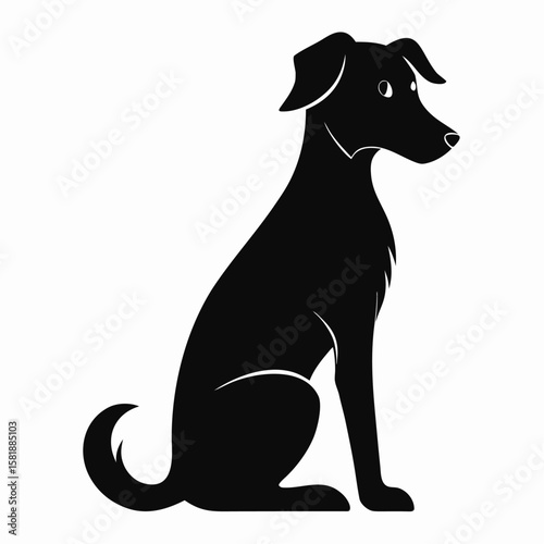 Simple silhouette of a sitting dog with floppy ears isolated on white background