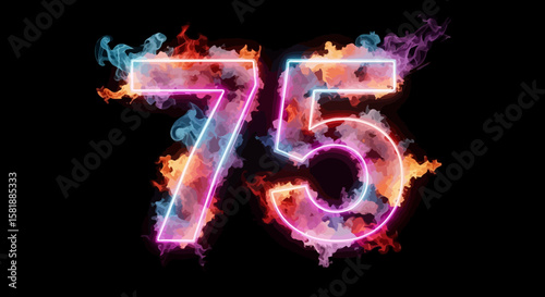 Seventy-Five Numeric with Colorful Neon Glow and Smoke Effect