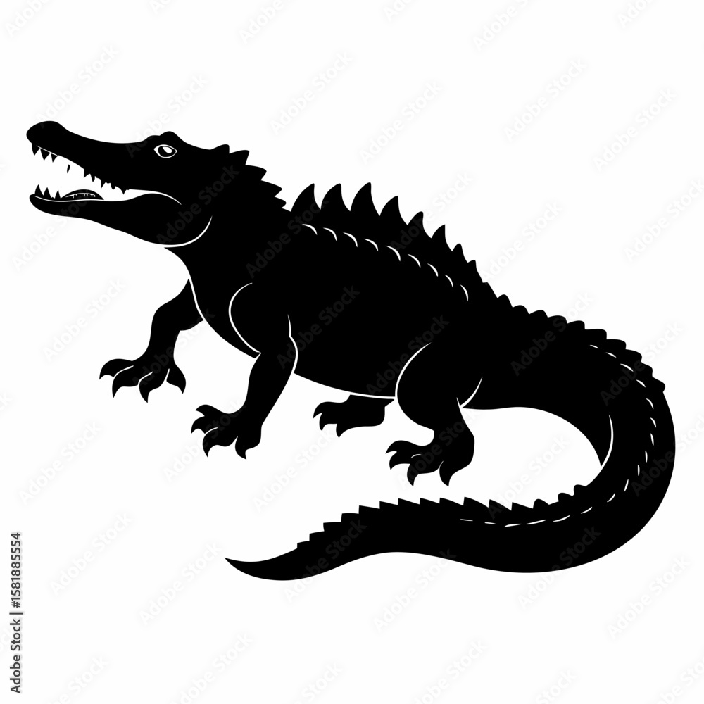 Fototapeta premium Striking silhouette of a crocodile in a crawling side profile isolated on white background