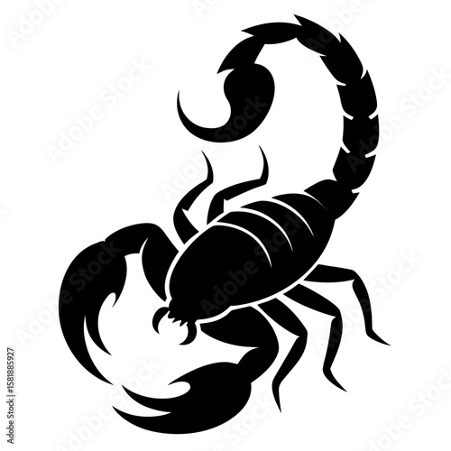 Black silhouette of a scorpion with a curled tail isolated on white background