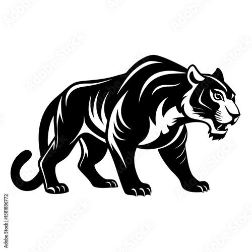 Silhouette of a crouching tiger in a stalking pose isolated on white background