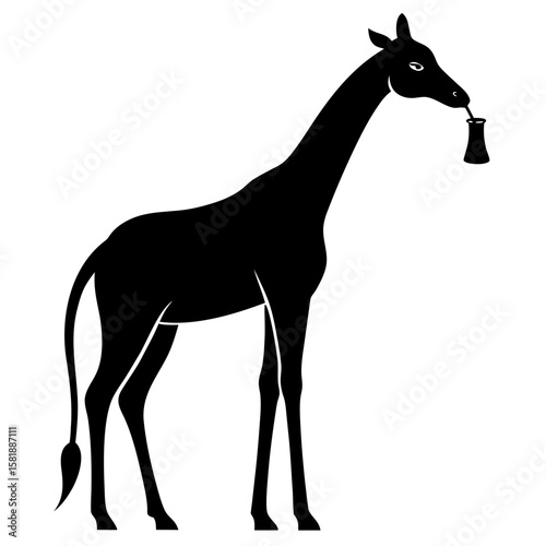 Silhouette of a giraffe bending down to drink water isolated on white background