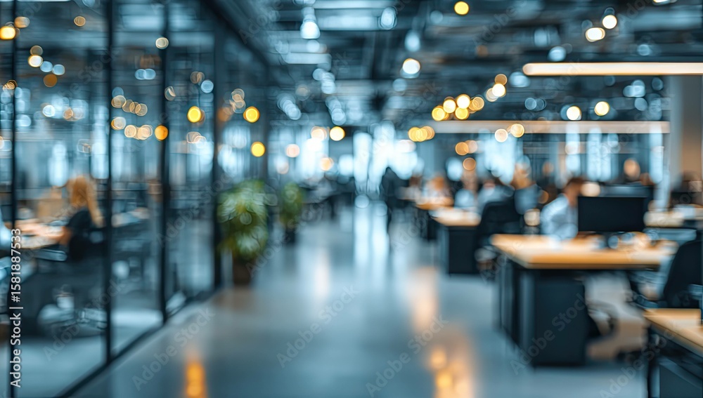 Fototapeta premium Blurred office interior background with a blurred door and glass wall, blurry bokeh light effect for a business concept design. High-quality photo, taken with a telephoto lens in realistic daylight.