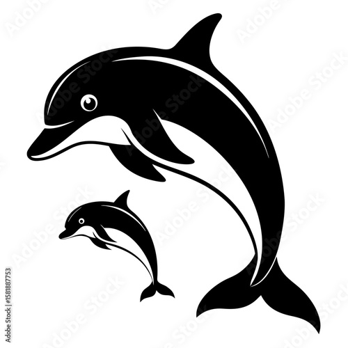 Silhouette of a dolphin and baby dolphin jumping together isolated on white background