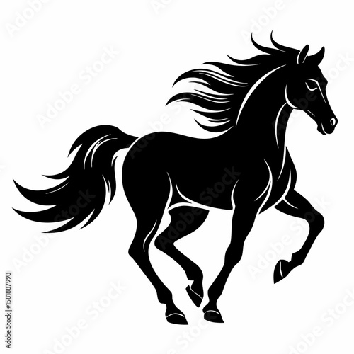 Dynamic silhouette of a galloping horse with flowing mane isolated on white background