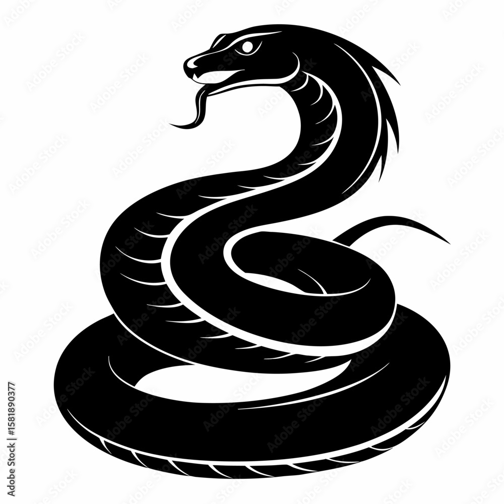 Naklejka premium Striking silhouette of a coiled snake with its head raised isolated on white background