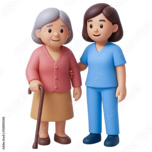 Elderly Woman with Caregiver Support 3D of Senior Nurse
