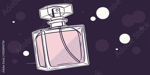 Perfume in antique isolated glass bottle with blurry lights in dark purple background vector illustration.