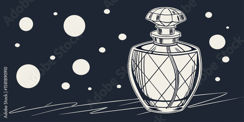 Perfume in antique isolated glass bottle with blurry lights in dark navy blue background vector illustration.